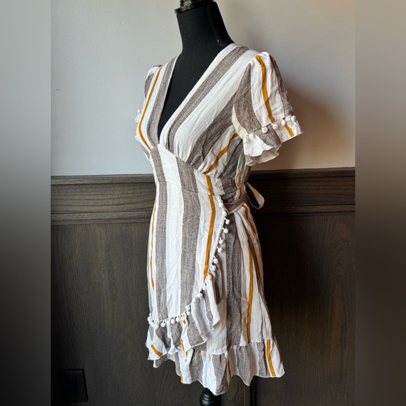 Simplee Apparel Striped Wrap Mini Dress - White, Brown & Mustard - Picture 2 of 8